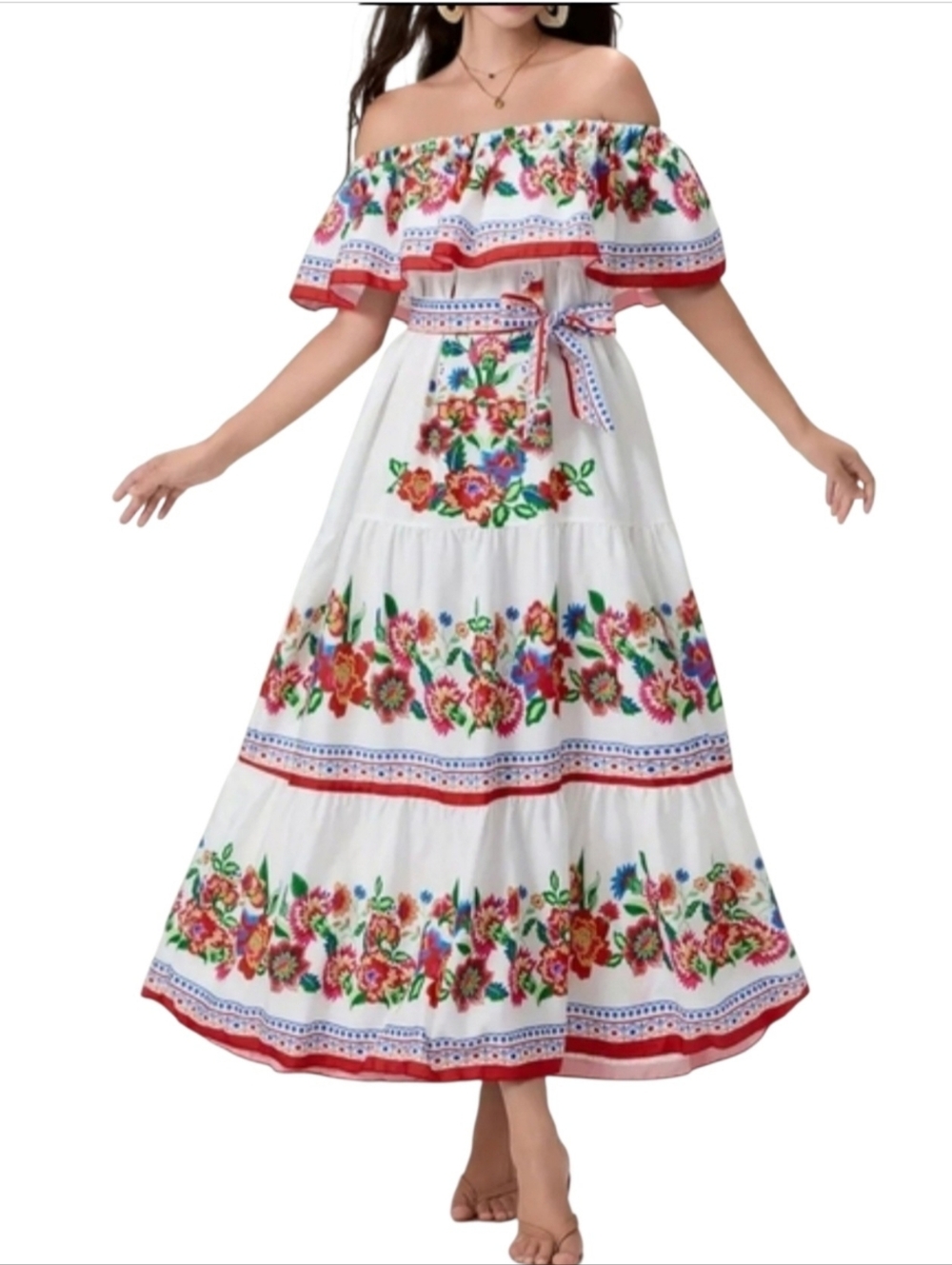 New Strapless Floral Print Flowy Tie Waist Maxi Cottagecore Mexican Folk Dress M